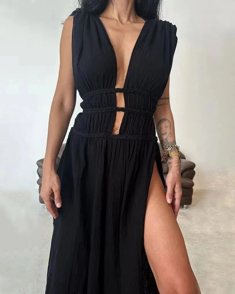 2024 Out Summer Loungewear V-Neck Bohemian Party Deep Hollow Sexy Sleeveless Dress