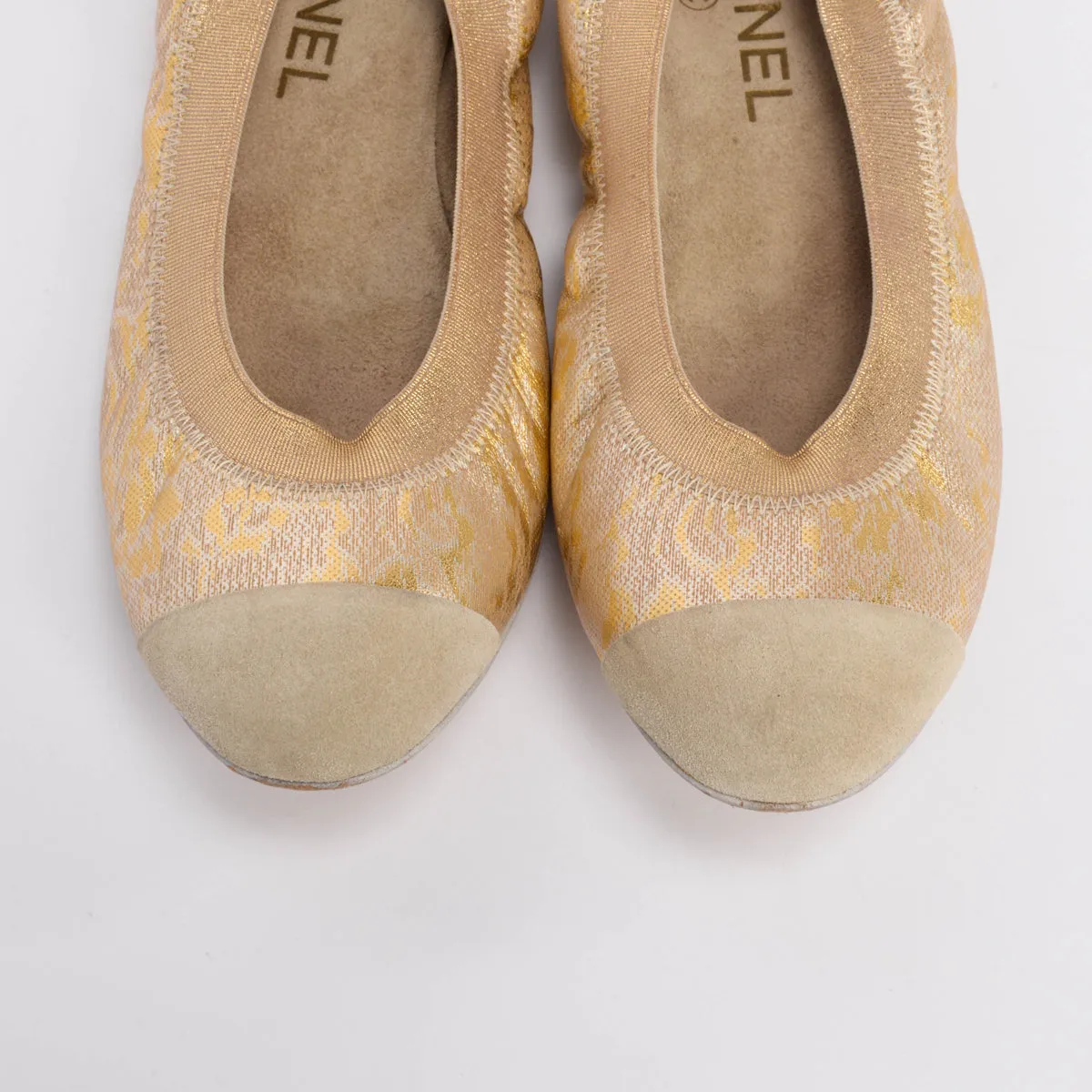 Chanel Gold Jacquard & Suede Scrunch Flats