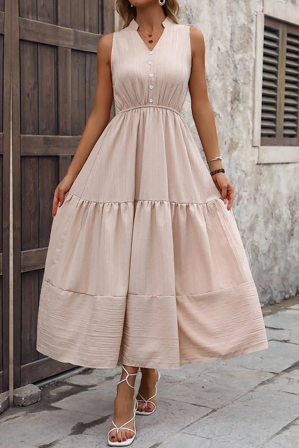 Decorative Button Notched Tiered Dress