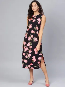 Designer Black & Pink Floral Party Wear Crepe Dress for Women