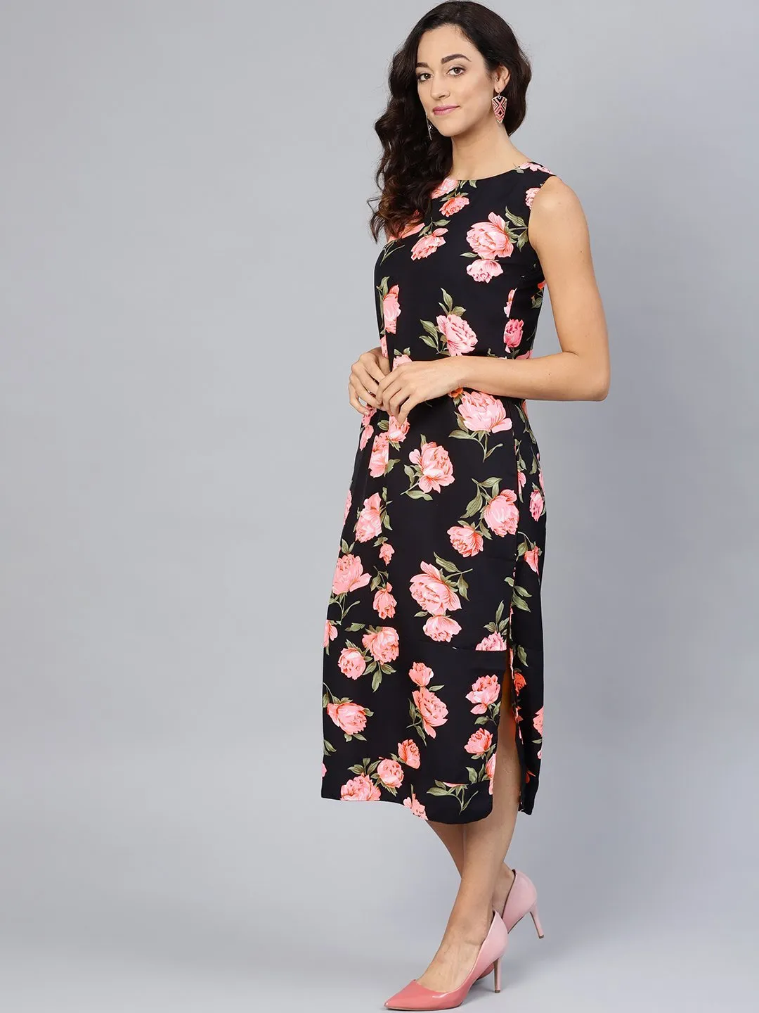 Designer Black & Pink Floral Party Wear Crepe Dress for Women