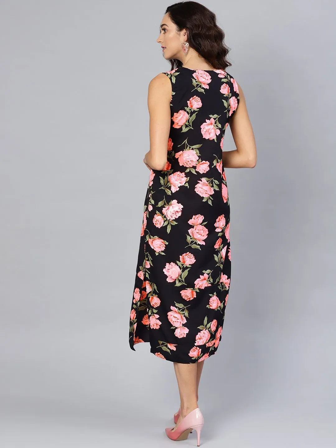 Designer Black & Pink Floral Party Wear Crepe Dress for Women