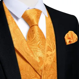 DiBanGu Carrot Orange Paisley Silk Notched Collar Slim Fit Mens Waistcoat Tie Set