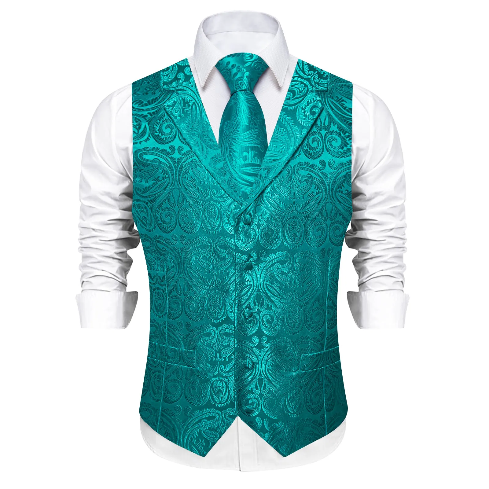 DiBanGu Light Sea Green Paisley Notched Collar Silk Mens Vest Tie Set