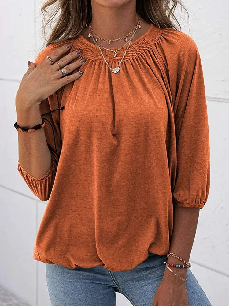 Fashion solid color round neck 3/4 sleeve loose pleated basic clothing