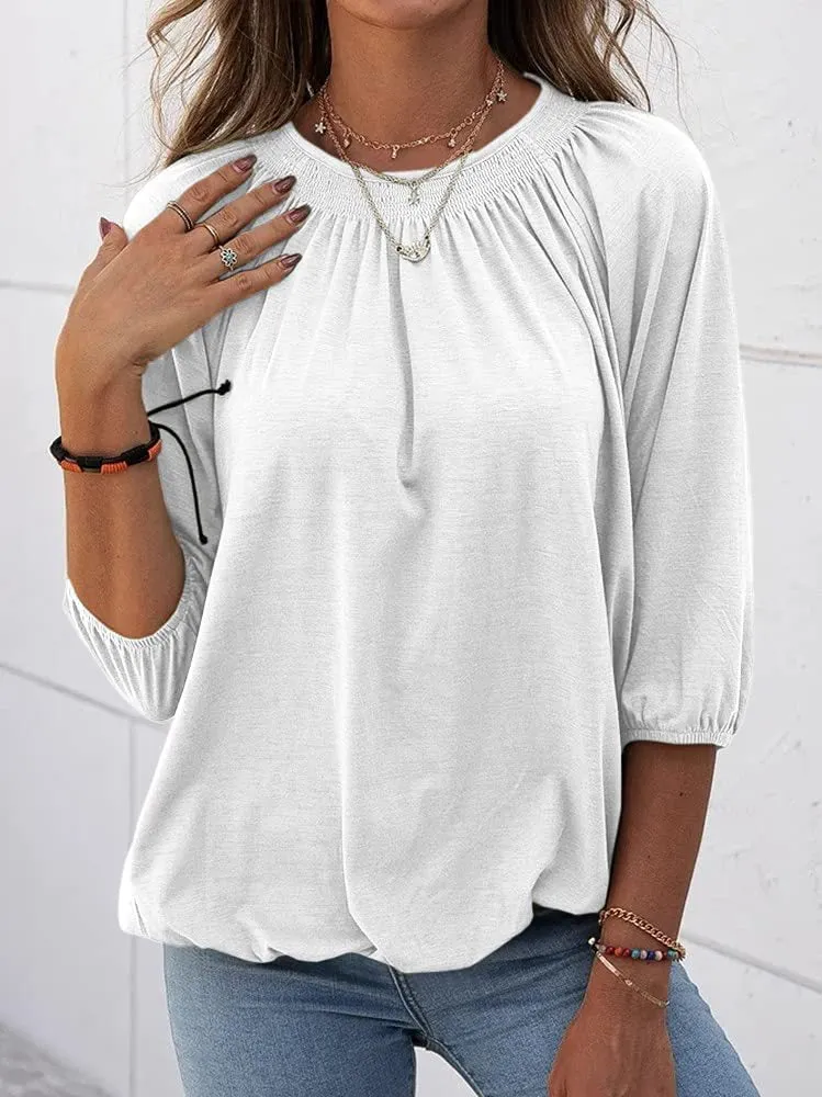 Fashion solid color round neck 3/4 sleeve loose pleated basic clothing