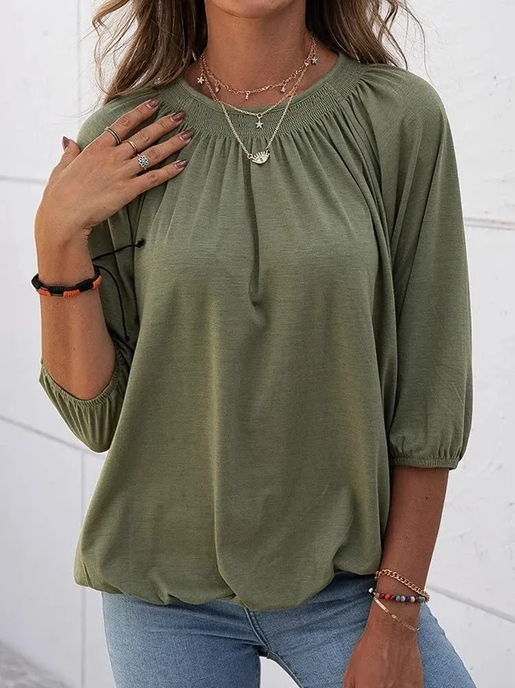 Fashion solid color round neck 3/4 sleeve loose pleated basic clothing