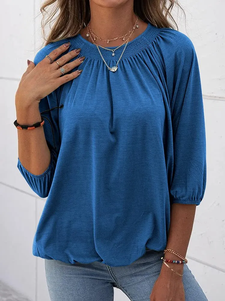 Fashion solid color round neck 3/4 sleeve loose pleated basic clothing