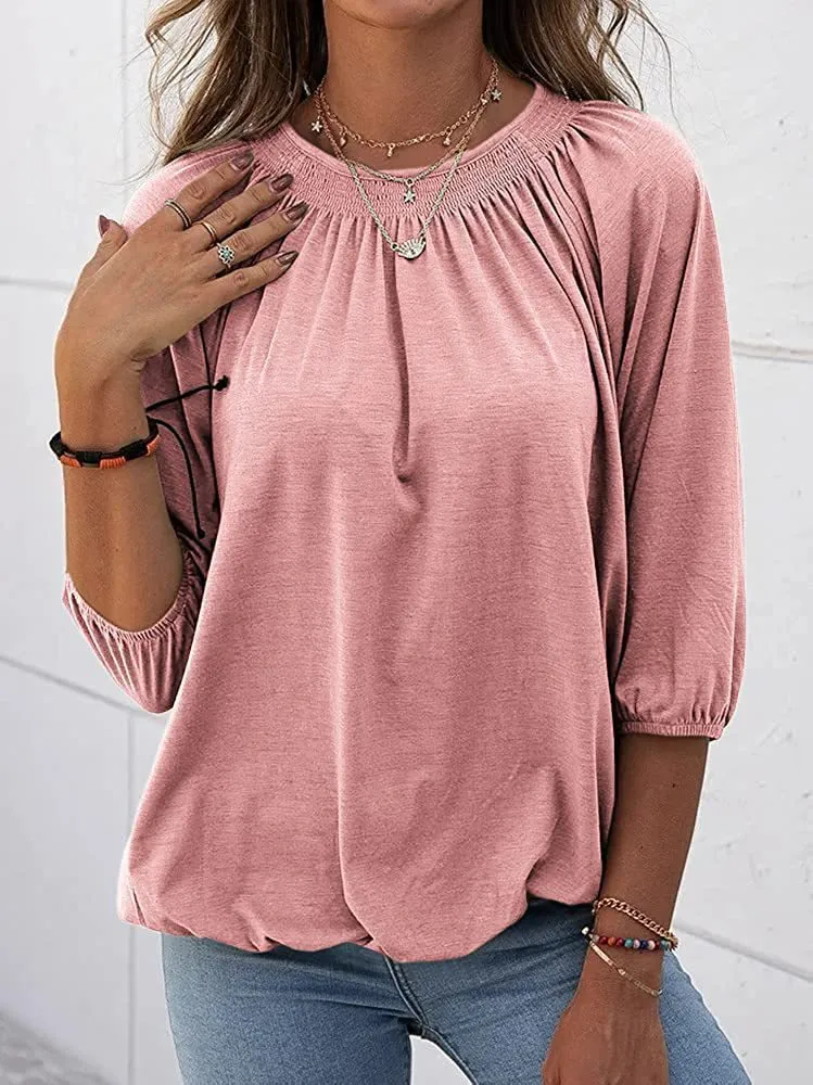 Fashion solid color round neck 3/4 sleeve loose pleated basic clothing