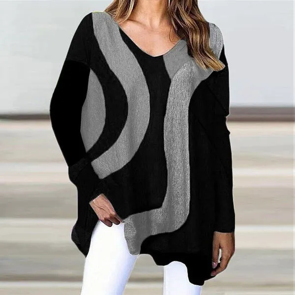 Fashion V-neck pullover long-sleeved geometric pattern loose casual women's T blood