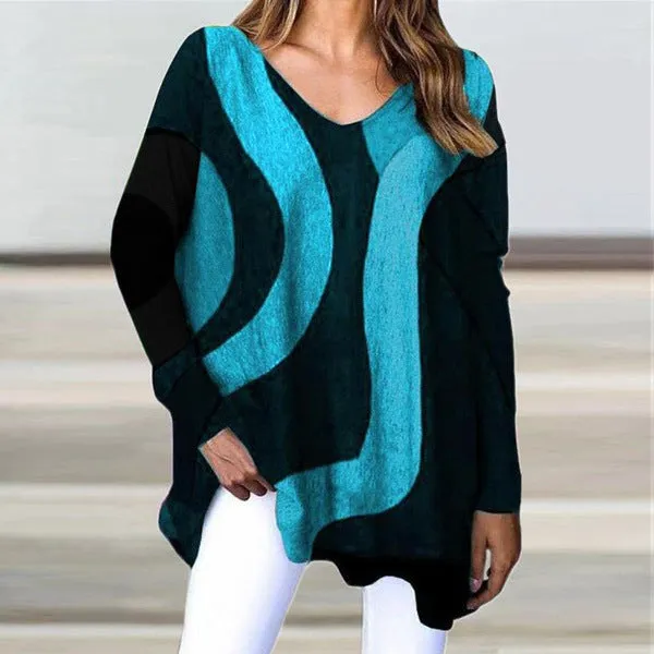 Fashion V-neck pullover long-sleeved geometric pattern loose casual women's T blood