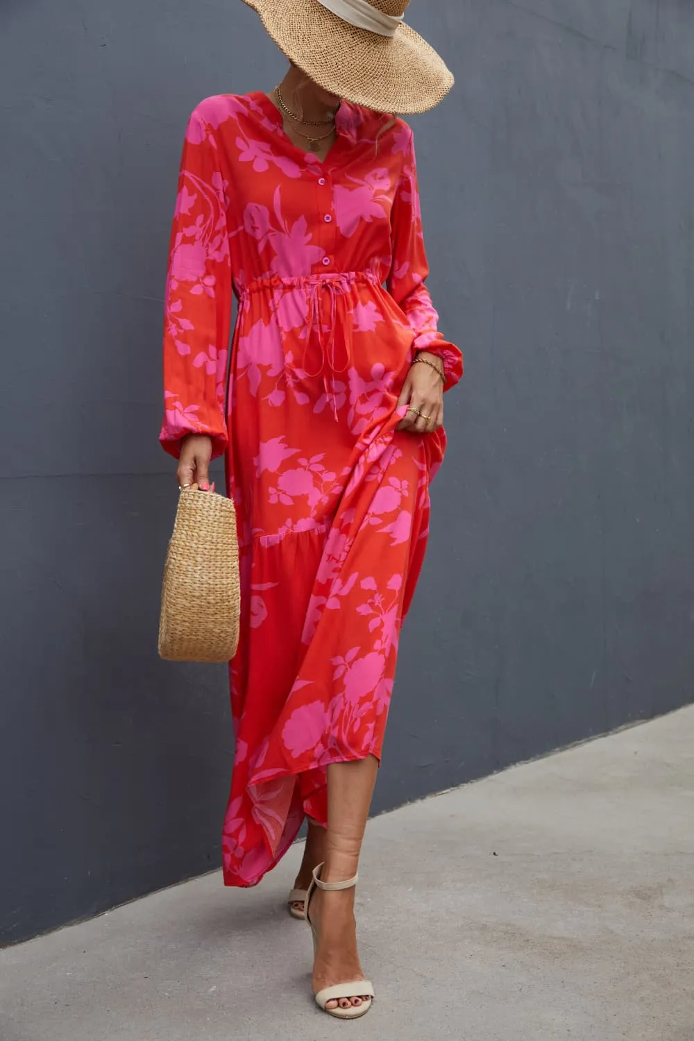 Floral Drawstring Waist Long Sleeve Dress