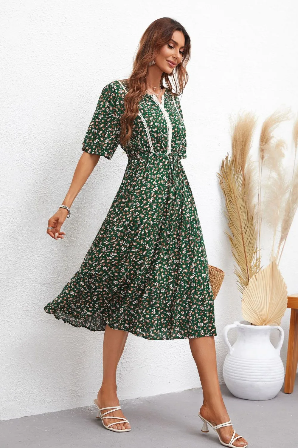 Floral Notched Neck Lace Trim Midi Dress