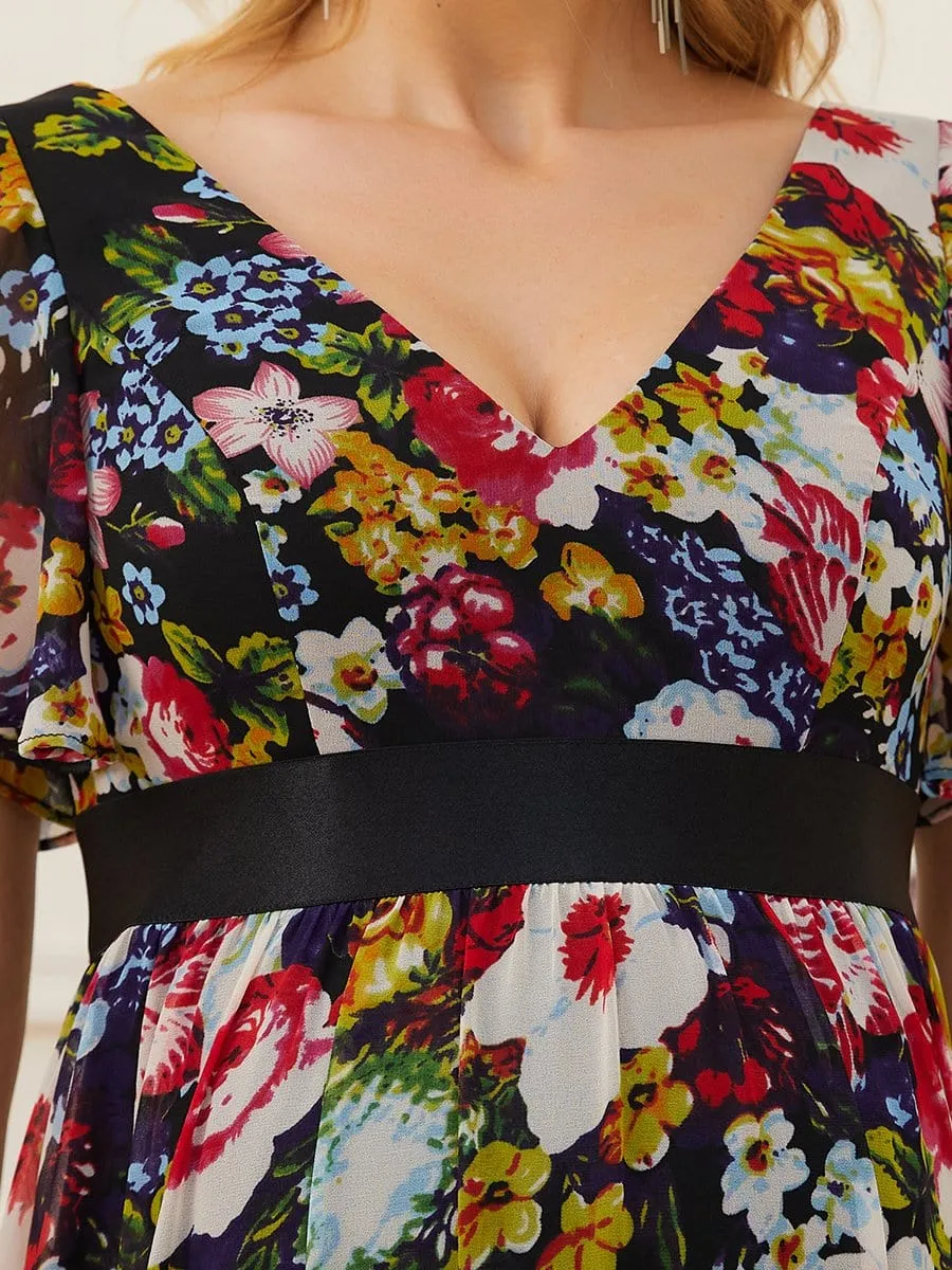 Floral Print V-Neck Short Sleeve Ruffle Bump Friendly Dress