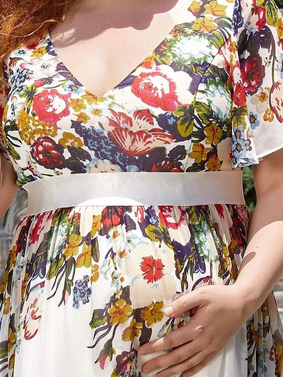 Floral Print V-Neck Short Sleeve Ruffle Bump Friendly Dress