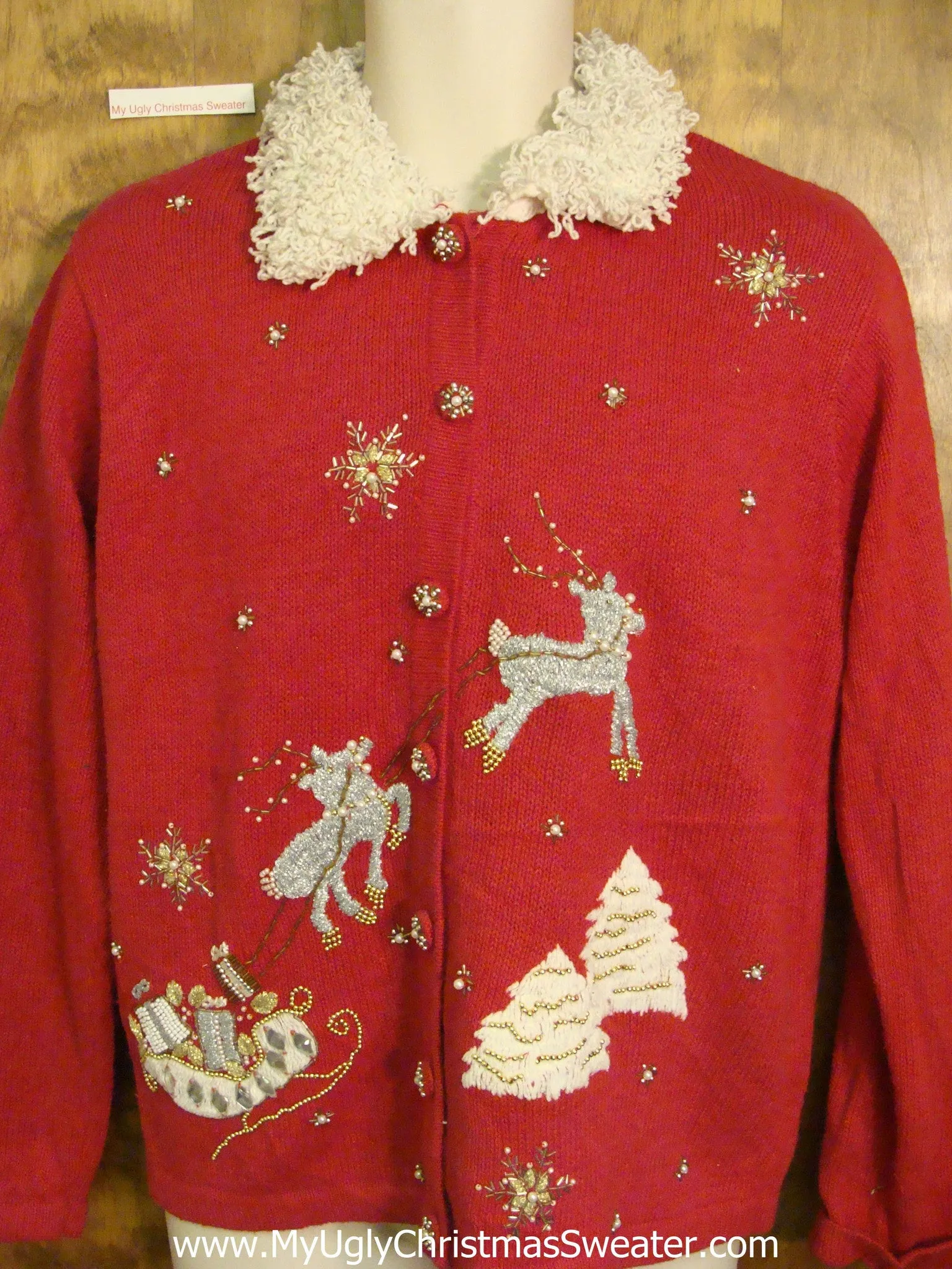 Flying Reindeer Red Ugly Christmas Sweater Cardigan