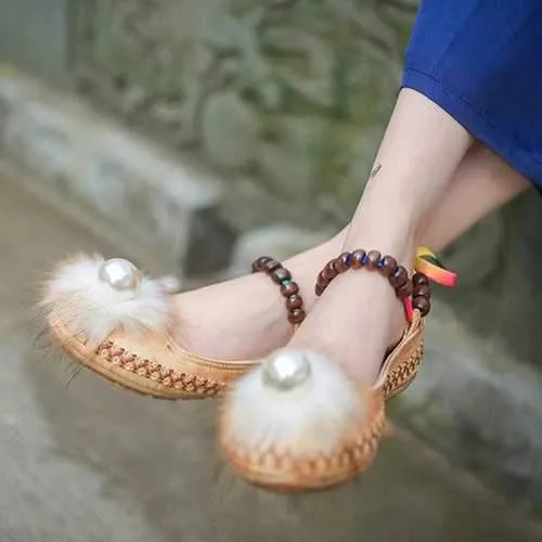 Folkways Style Pearl Decor Ankle Strap Flat Sandals Shoes