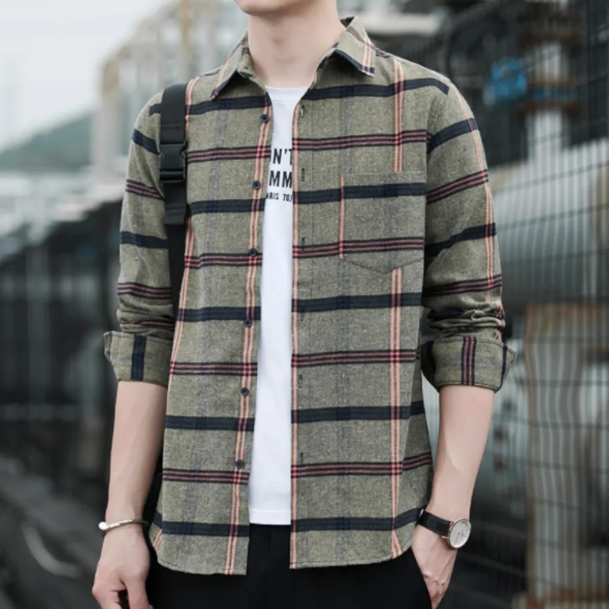 Mens Casual Long Sleeve Plaid Shirt