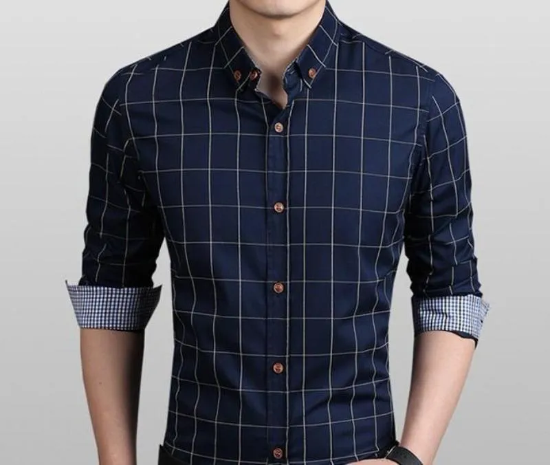 Mens Navy Blue Checkered Button Front Shirt