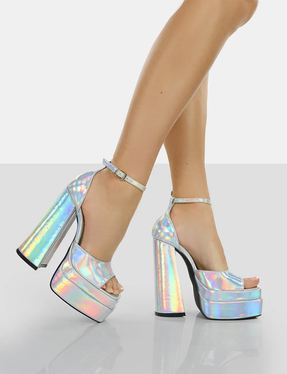 Mercy Silver Holographic Strappy Square Toe Platform High Block Heels