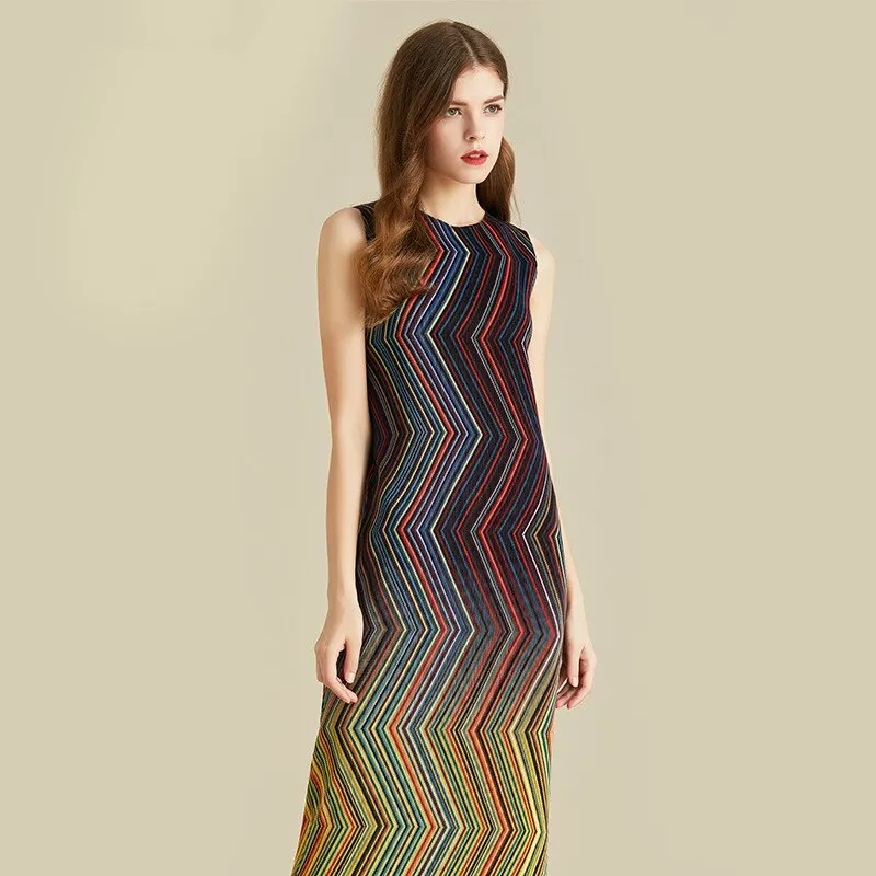 Miyake Pleated Multicolor Striped Midi Dress