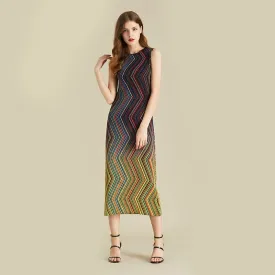 Miyake Pleated Multicolor Striped Midi Dress