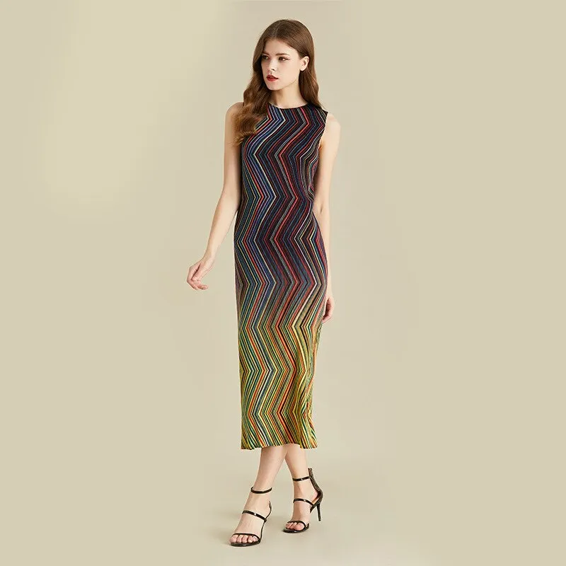 Miyake Pleated Multicolor Striped Midi Dress