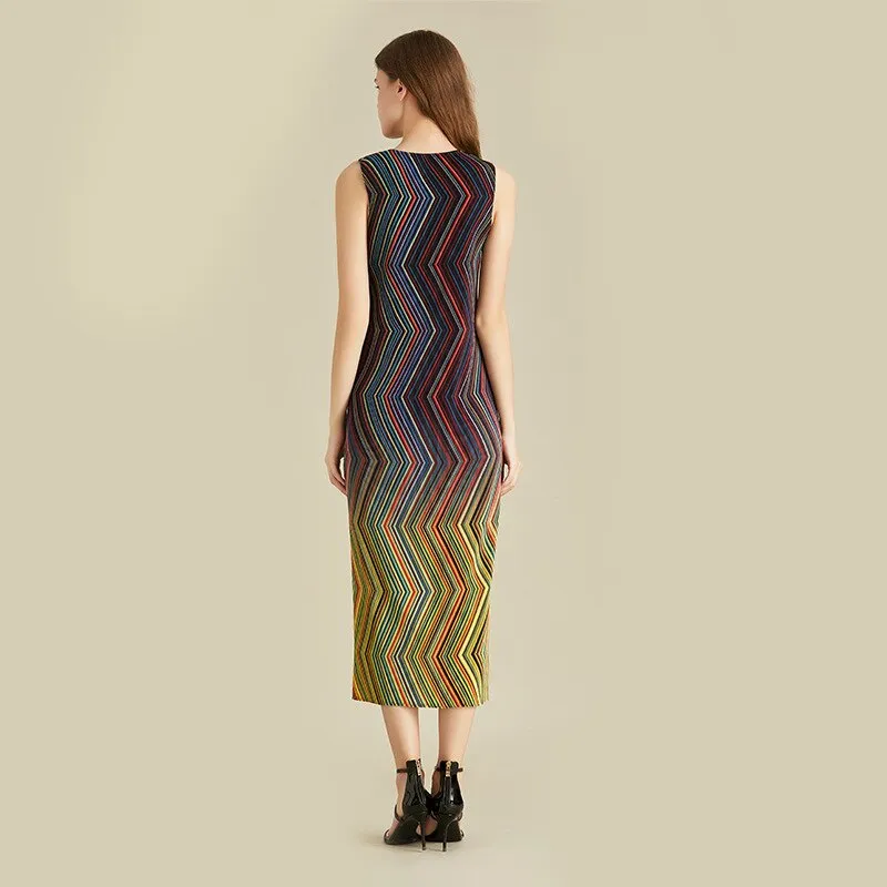 Miyake Pleated Multicolor Striped Midi Dress