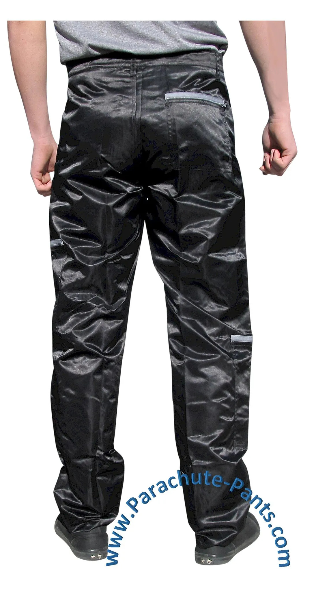 Panno D'Or Black Nylon Parachute Pants with Grey Zippers