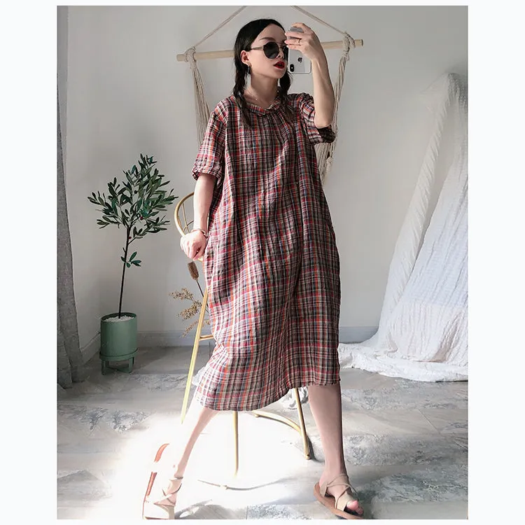 Plaid Loose Short Sleeve Summer Dresses PZ97212