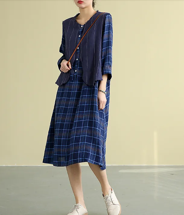 Plaid Summer  Spring 100%  Linen  Women loose Dresses DZA05195