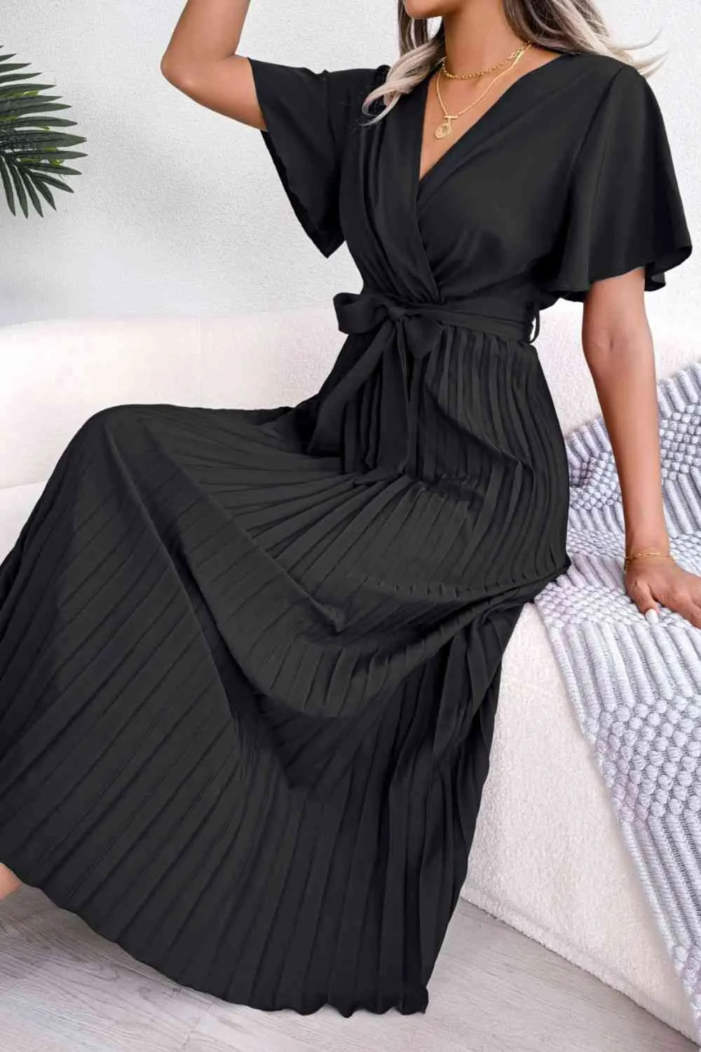 Pleated Flutter Sleeve Belted Dress