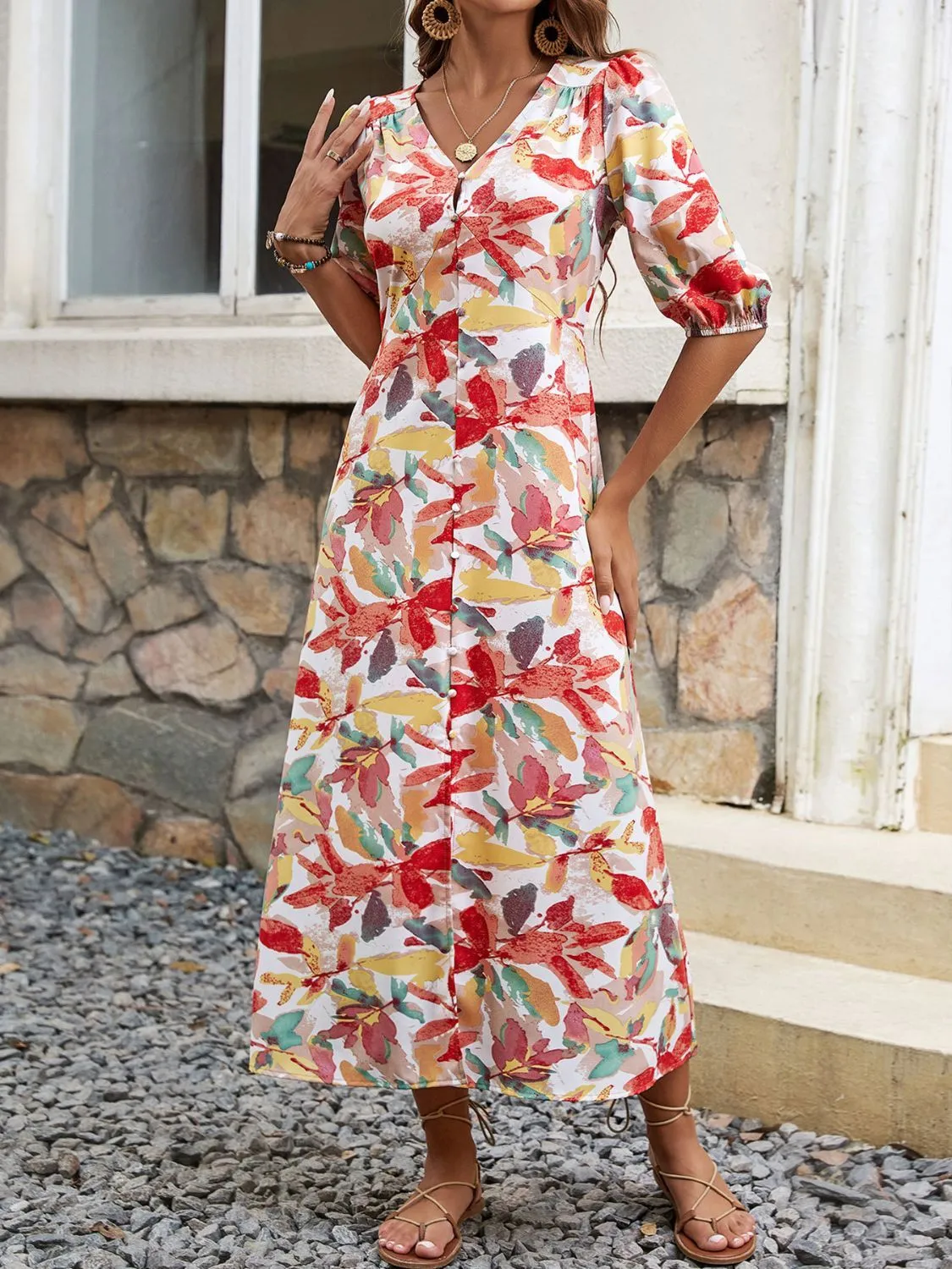 Printed V-Neck Half Sleeve Midi Dress