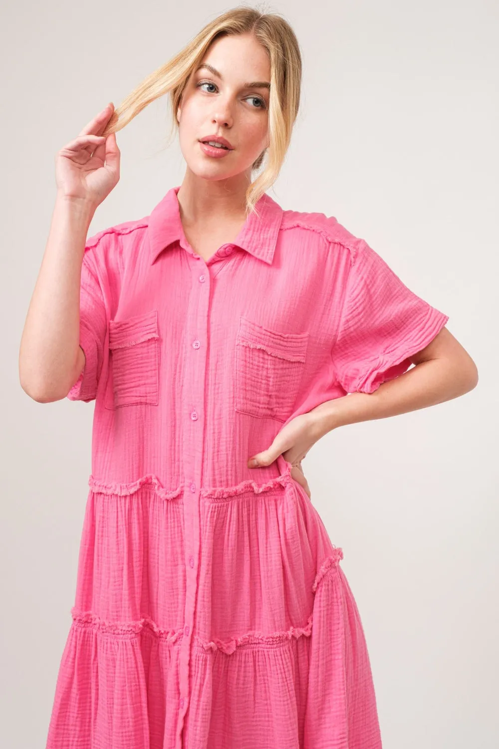 Raw Edge Washed Tiered Shirt Dress