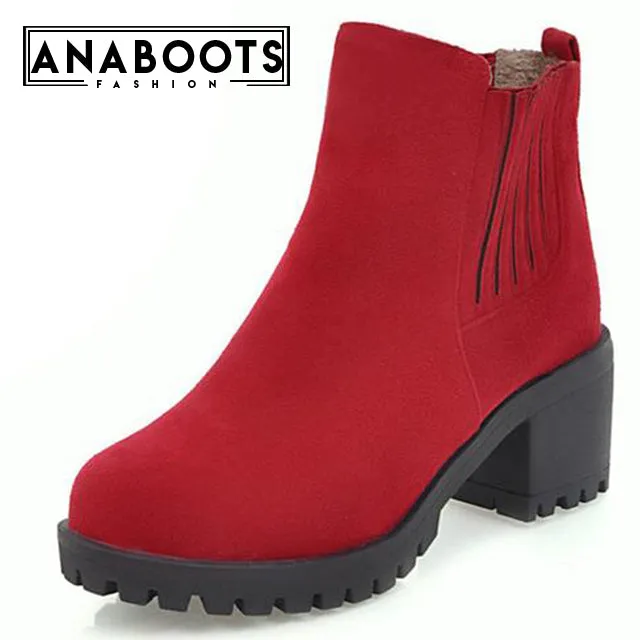 Square Heels Black Red Ankle Boots