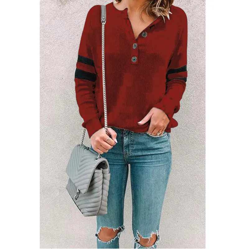 Stitched round neck button T-shirt top