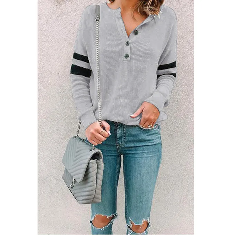 Stitched round neck button T-shirt top