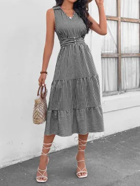 Striped Johnny Collar Sleeveless Midi Dress