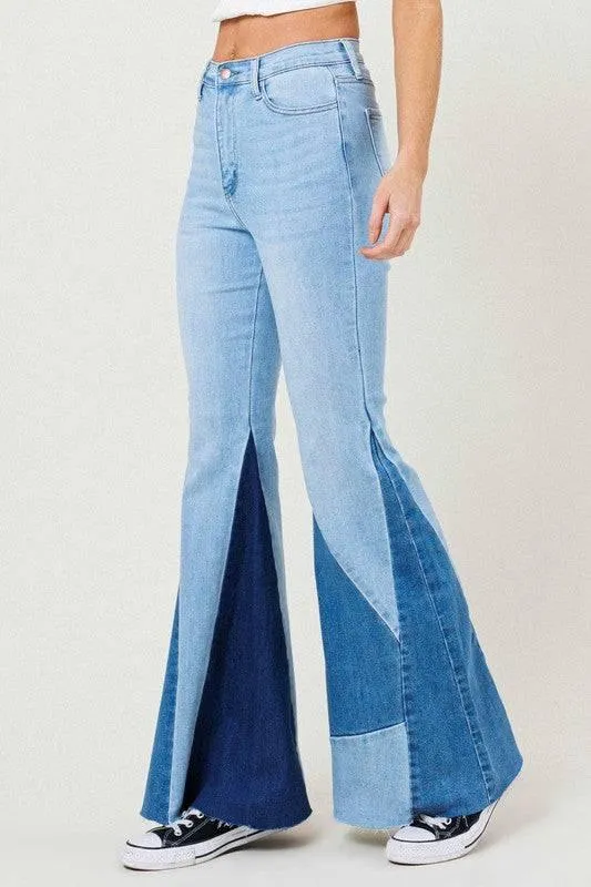 Vibrant M.I.U Color block slit flare jeans