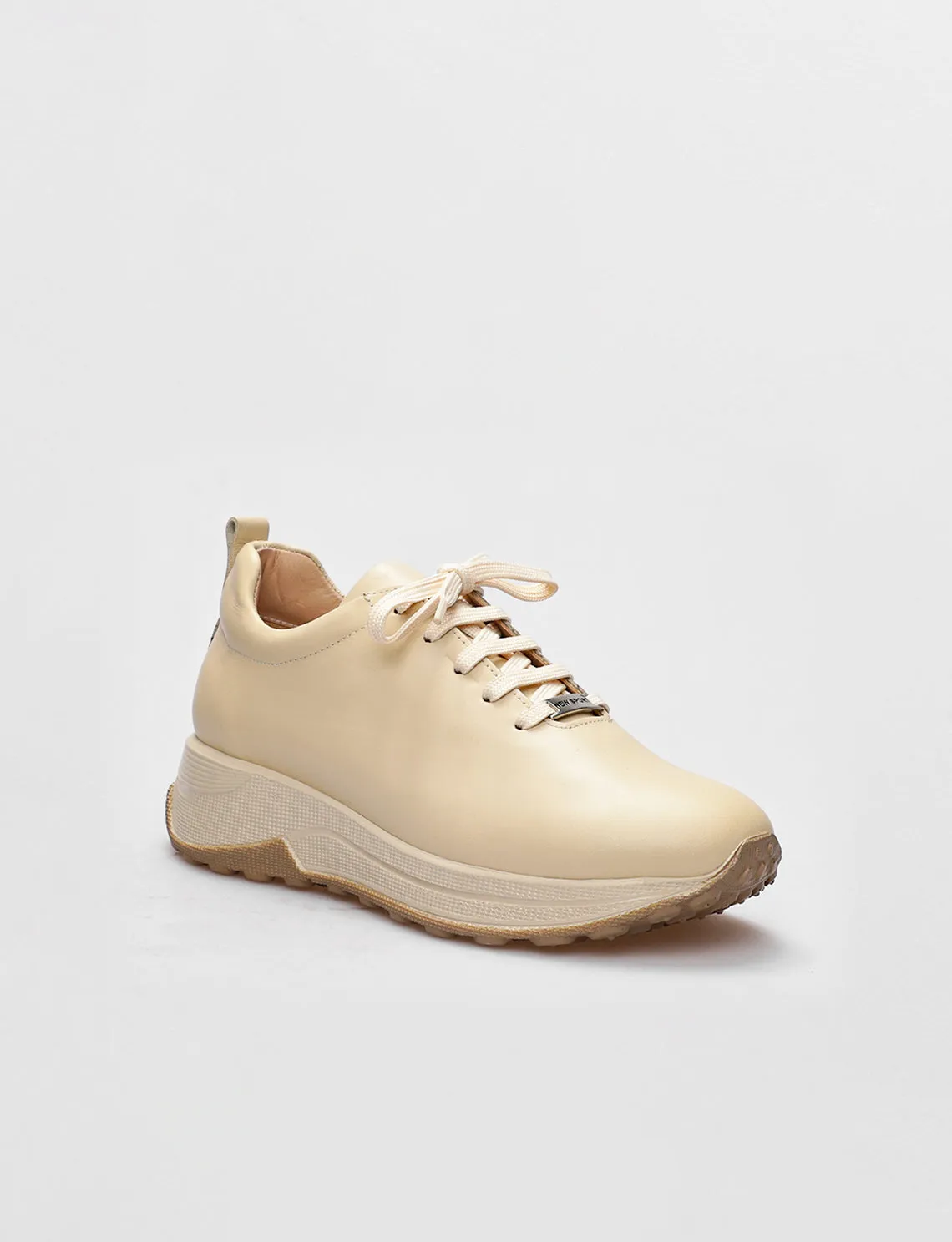 Women Beige Genuine Leather Low Top Lace Up Sneakers