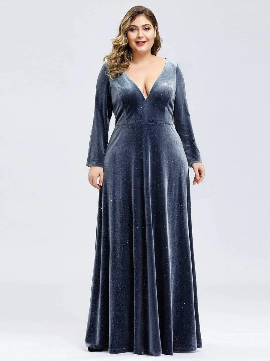 Women's V-Neck Floor Length Velvet Prom Dresses With Long Sleeve