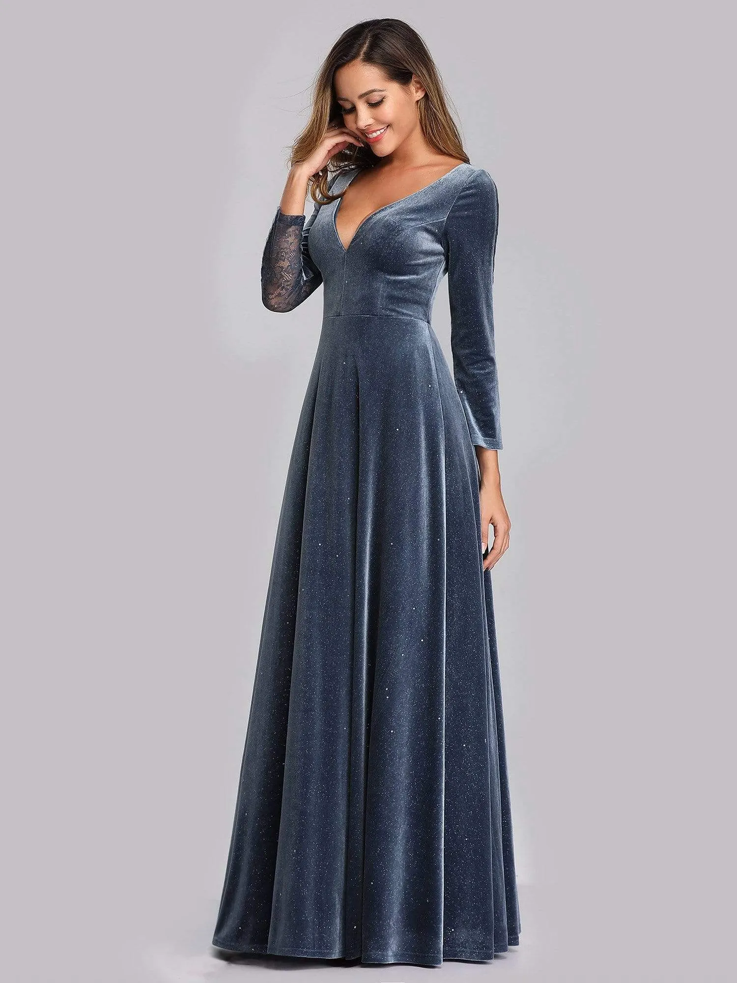 Women's V-Neck Floor Length Velvet Prom Dresses With Long Sleeve