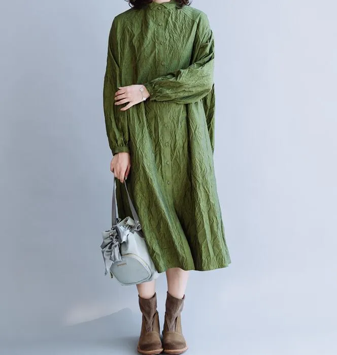 Wrinkled Green Loose Women Hooded  Linen Sleeve Spring Dresses