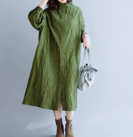 Wrinkled Green Loose Women Hooded  Linen Sleeve Spring Dresses