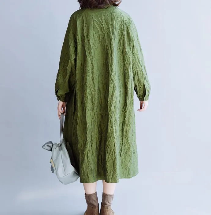 Wrinkled Green Loose Women Hooded  Linen Sleeve Spring Dresses