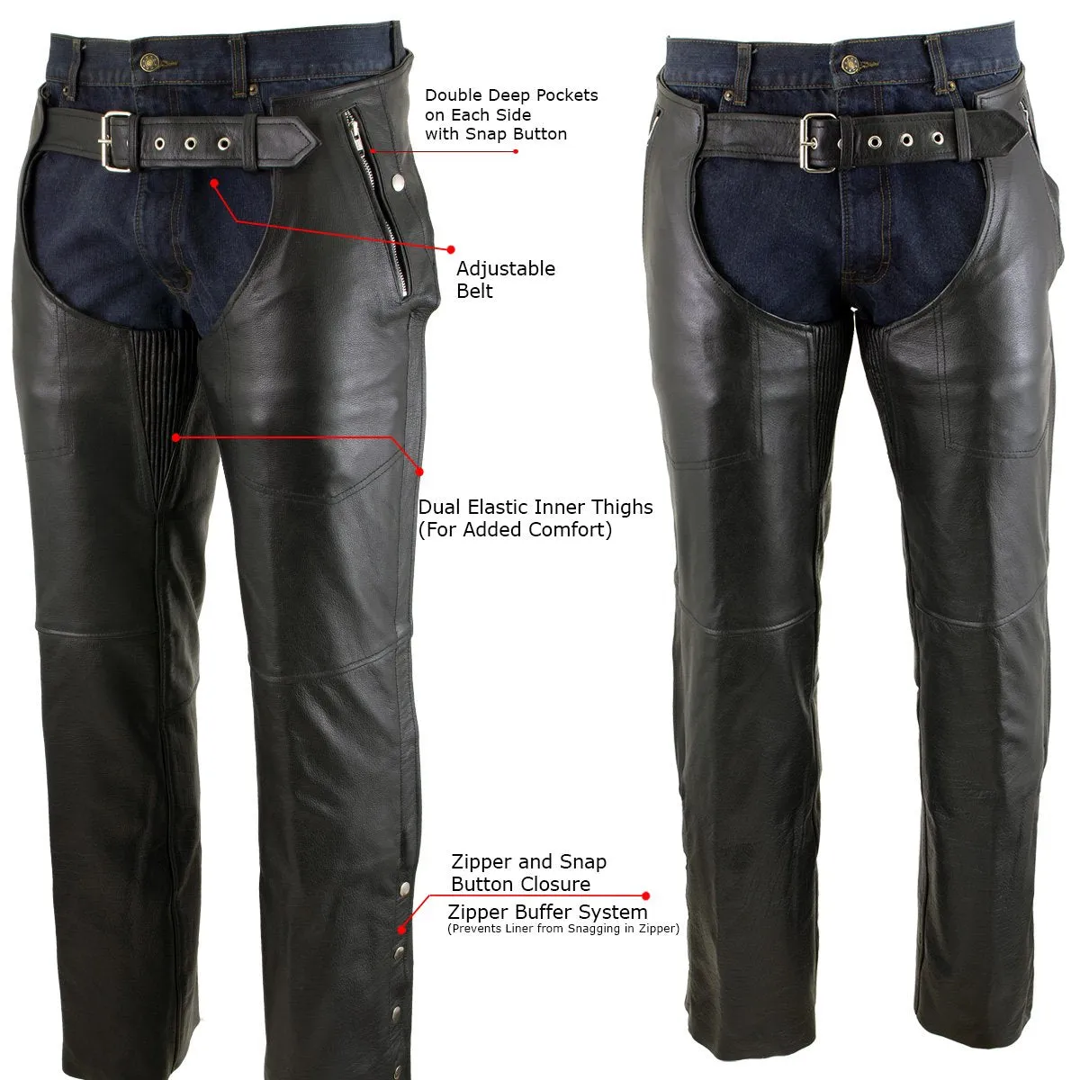 Xelement B7561 Men's Black Leather Chaps with Removable Insulating Liner